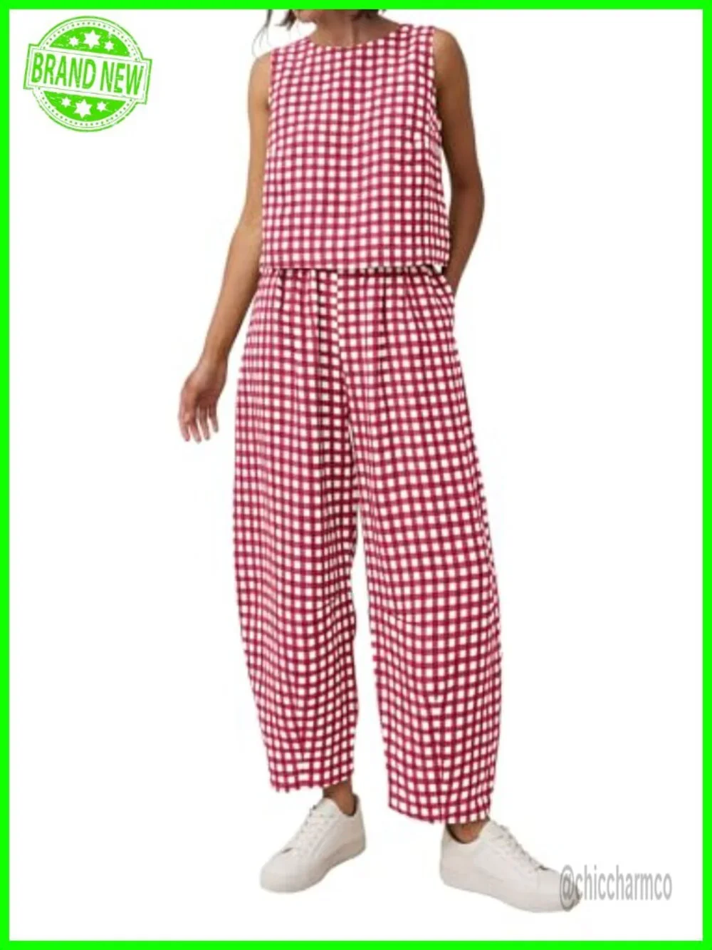 Summer Plaid Sleeveless Top & Wide Leg Pants Matching Lounge Set